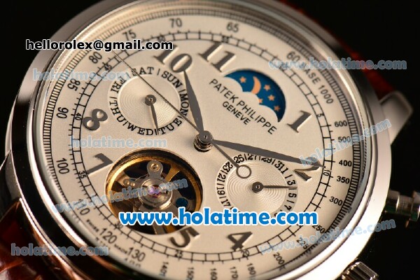 Patek Philippe Grand Complication Asia R10-Tourbillon Automatic Steel Case with White Dial Arabic Numeral Markers and Brown Leather Strap - Click Image to Close